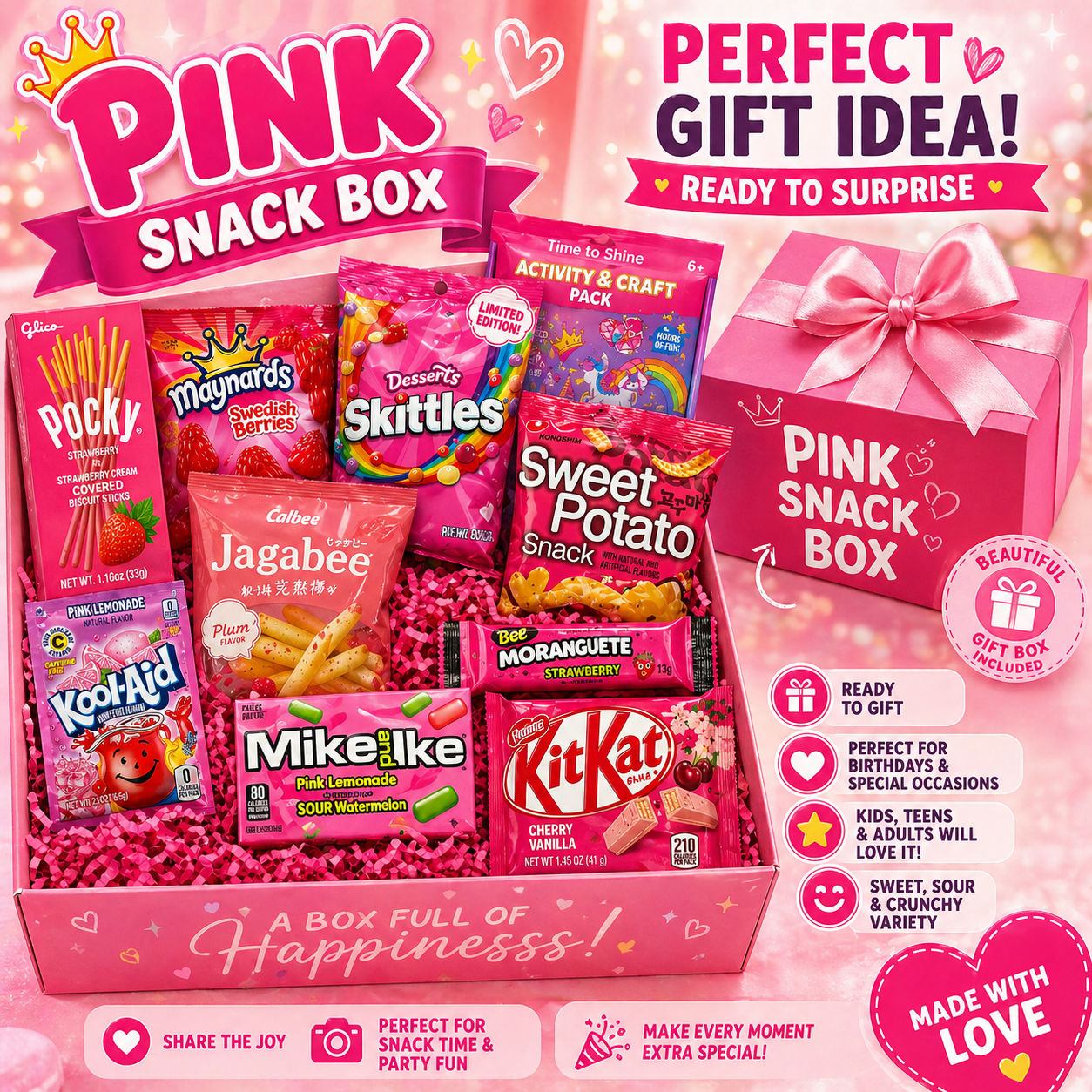 Pink Snack Box - Sweet & Sour Variety Pack + Bonus Fun Kit
