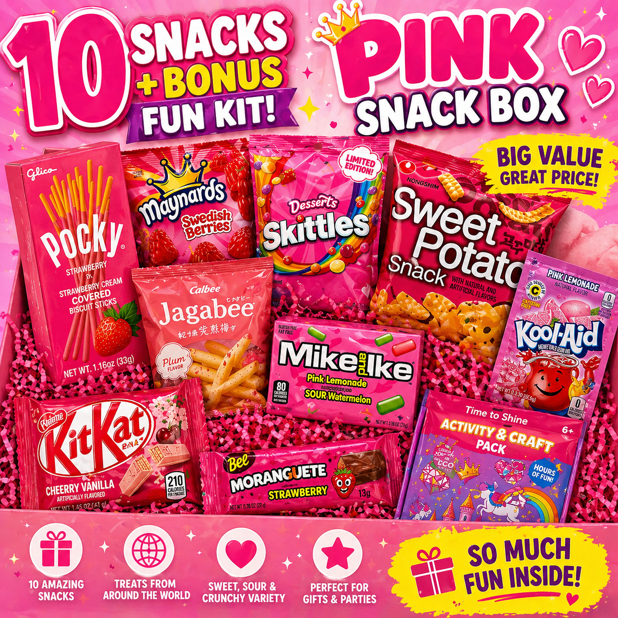 Pink Snack Box - Sweet & Sour Variety Pack + Bonus Fun Kit