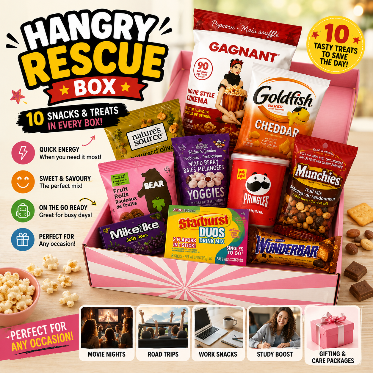 Hangry Rescue Snack Box – 10 Assorted Sweet & Savoury Snacks – Variety Care Package