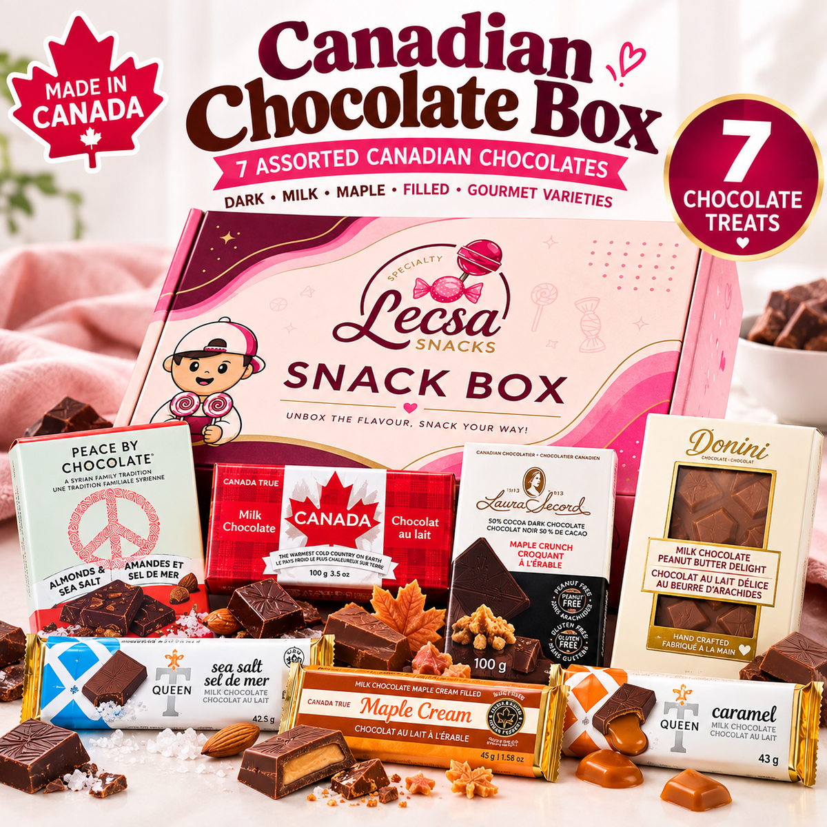 Made in Canada Chocolate Box – 7 Assorted Gourmet Canadian Chocolates – Dark, Milk, Maple & Filled Chocolate Bars
