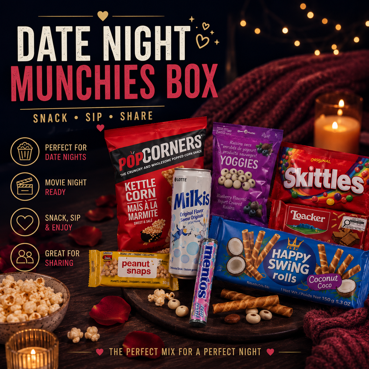 Date Night Munchies Box – 10 Assorted Sweet & Savoury Snacks with Drinks
