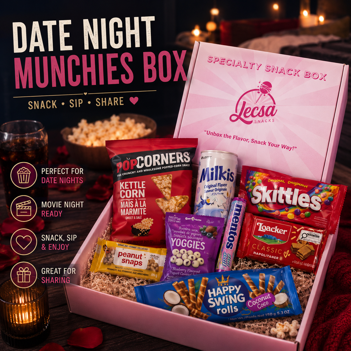 Date Night Munchies Box – 10 Assorted Sweet & Savoury Snacks with Drinks