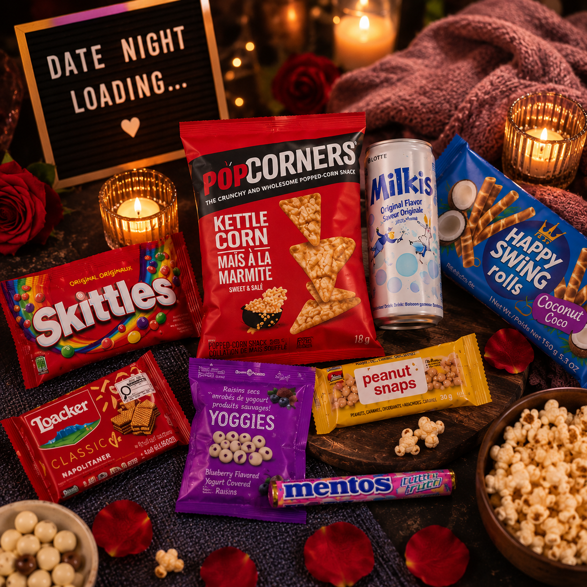 Date Night Munchies Box – 10 Assorted Sweet & Savoury Snacks with Drinks