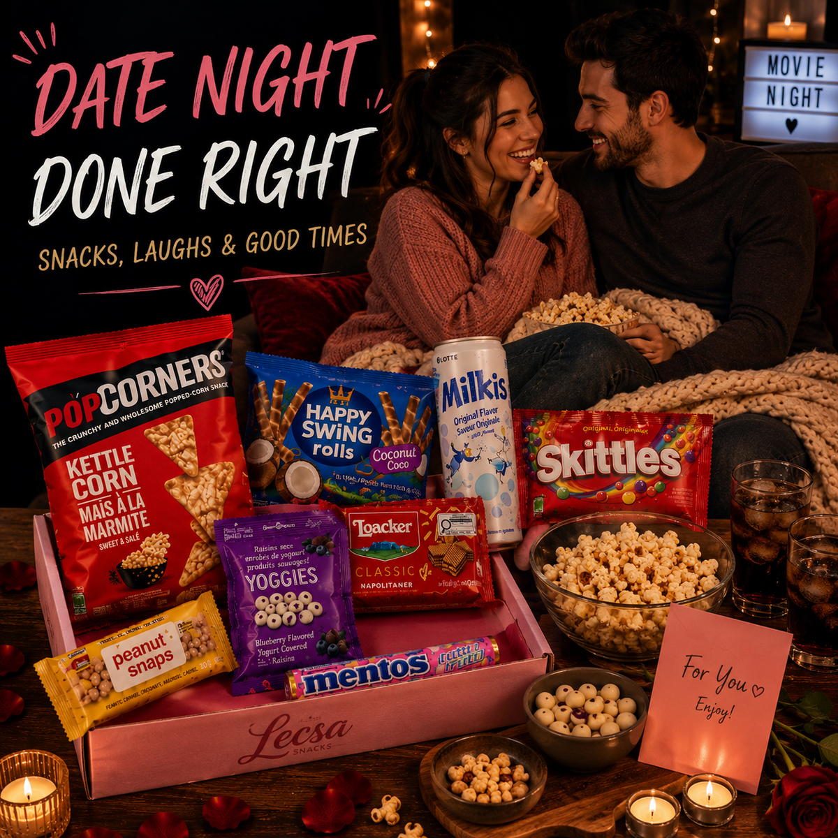 Date Night Munchies Box – 10 Assorted Sweet & Savoury Snacks with Drinks