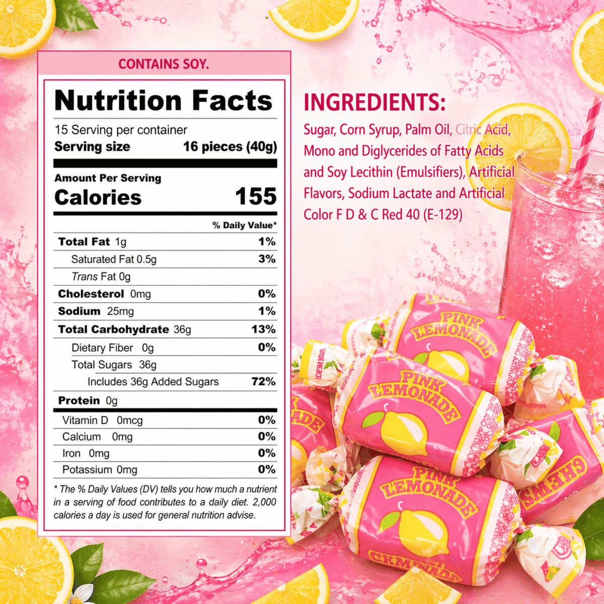 Pink Lemonade Fruit Chewy Candy – 1 lb (454g) – Fruity Chews, Individually Wrapped Soft Candy