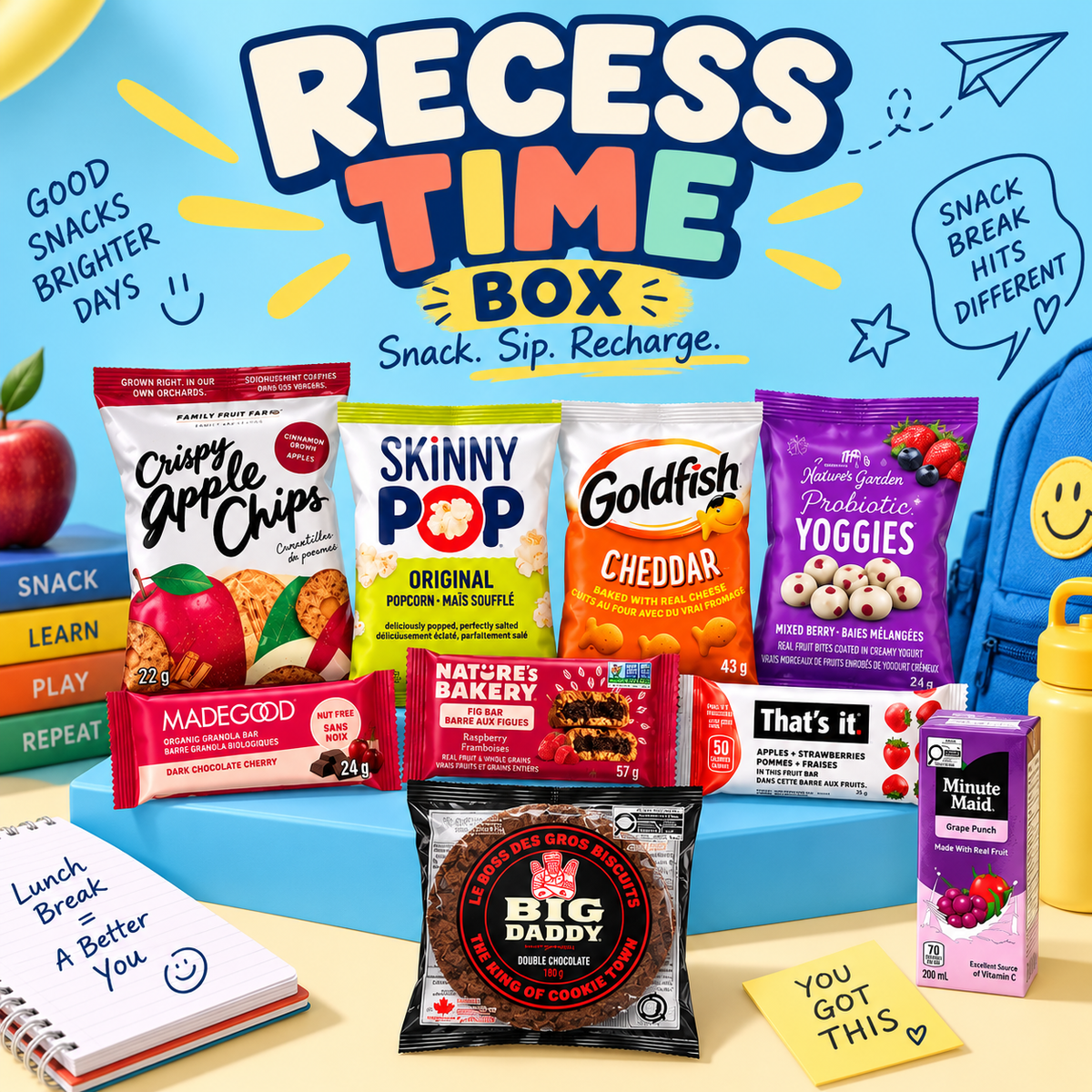 Recess Time Box – Assorted Sweet & Savoury Snack Box, Individually Packaged Treats & Drink