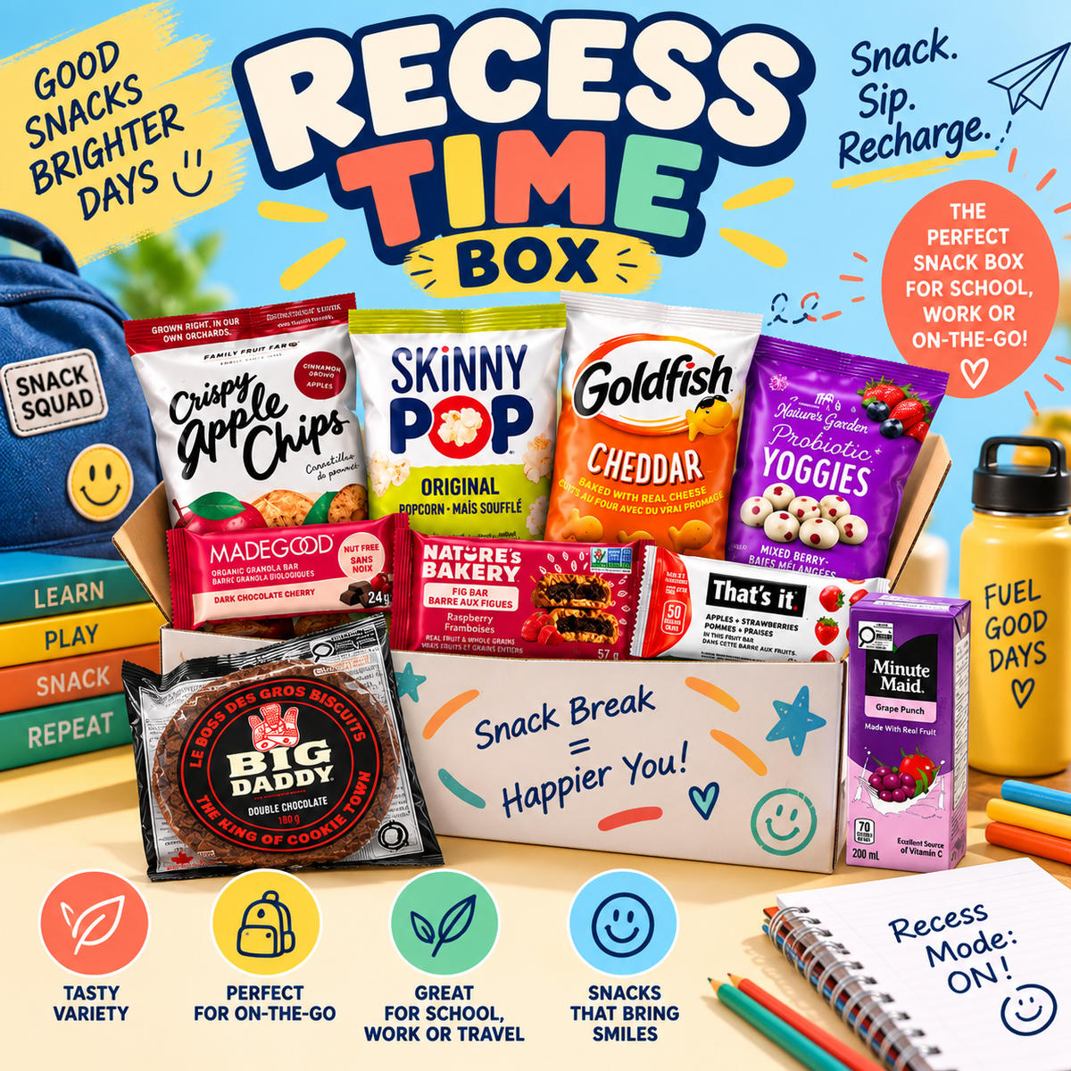 Recess Time Box – Assorted Sweet & Savoury Snack Box, Individually Packaged Treats & Drink