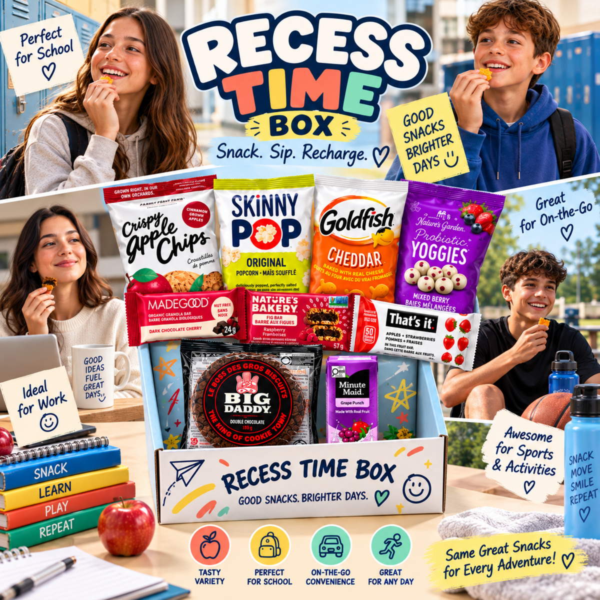 Recess Time Box – Assorted Sweet & Savoury Snack Box, Individually Packaged Treats & Drink