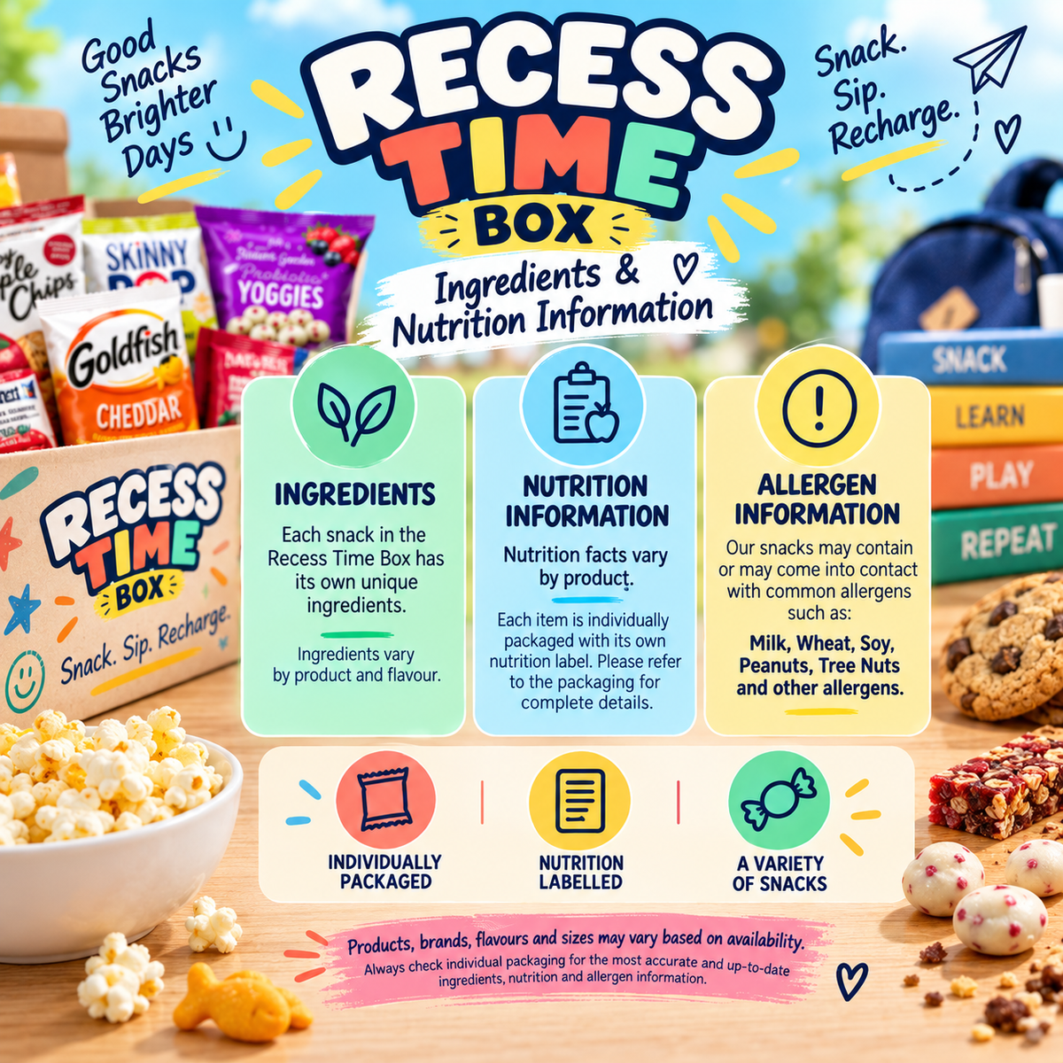 Recess Time Box – Assorted Sweet & Savoury Snack Box, Individually Packaged Treats & Drink