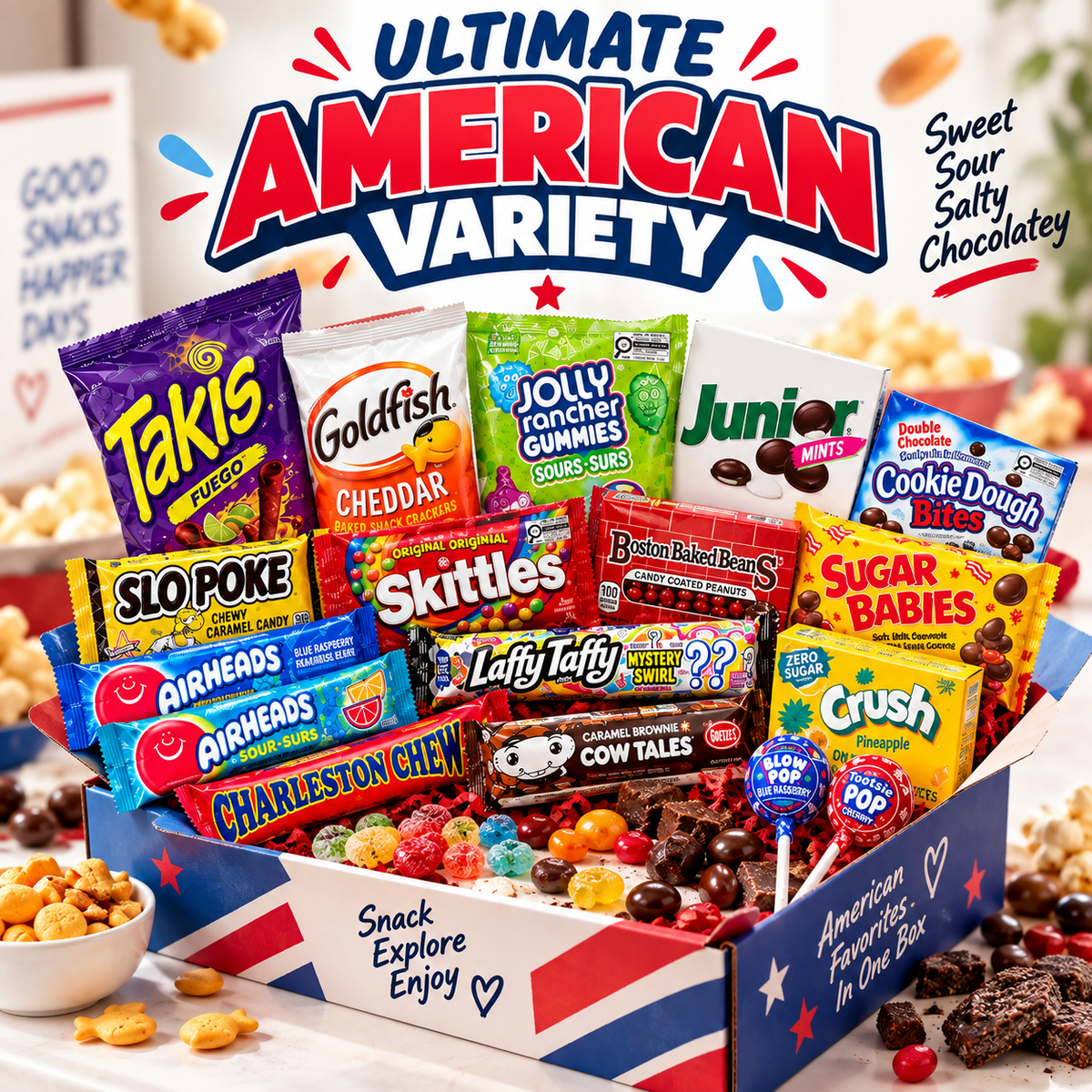Ultimate American Variety Snack Box – Assorted Sweet, Sour, Salty & Chocolate Treats