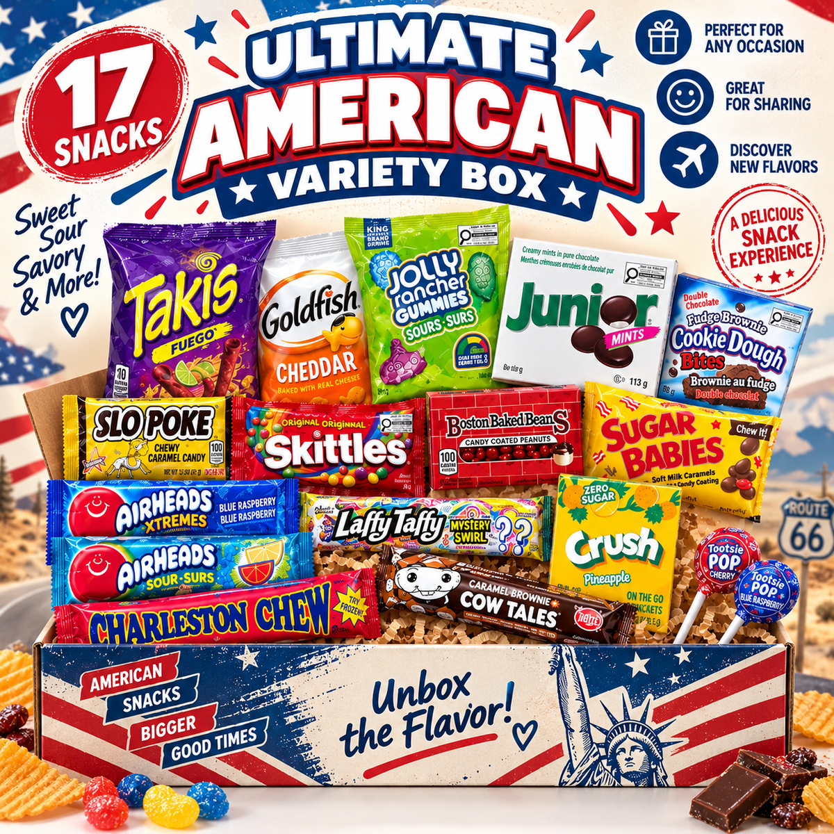 Ultimate American Variety Snack Box – Assorted Sweet, Sour, Salty & Chocolate Treats