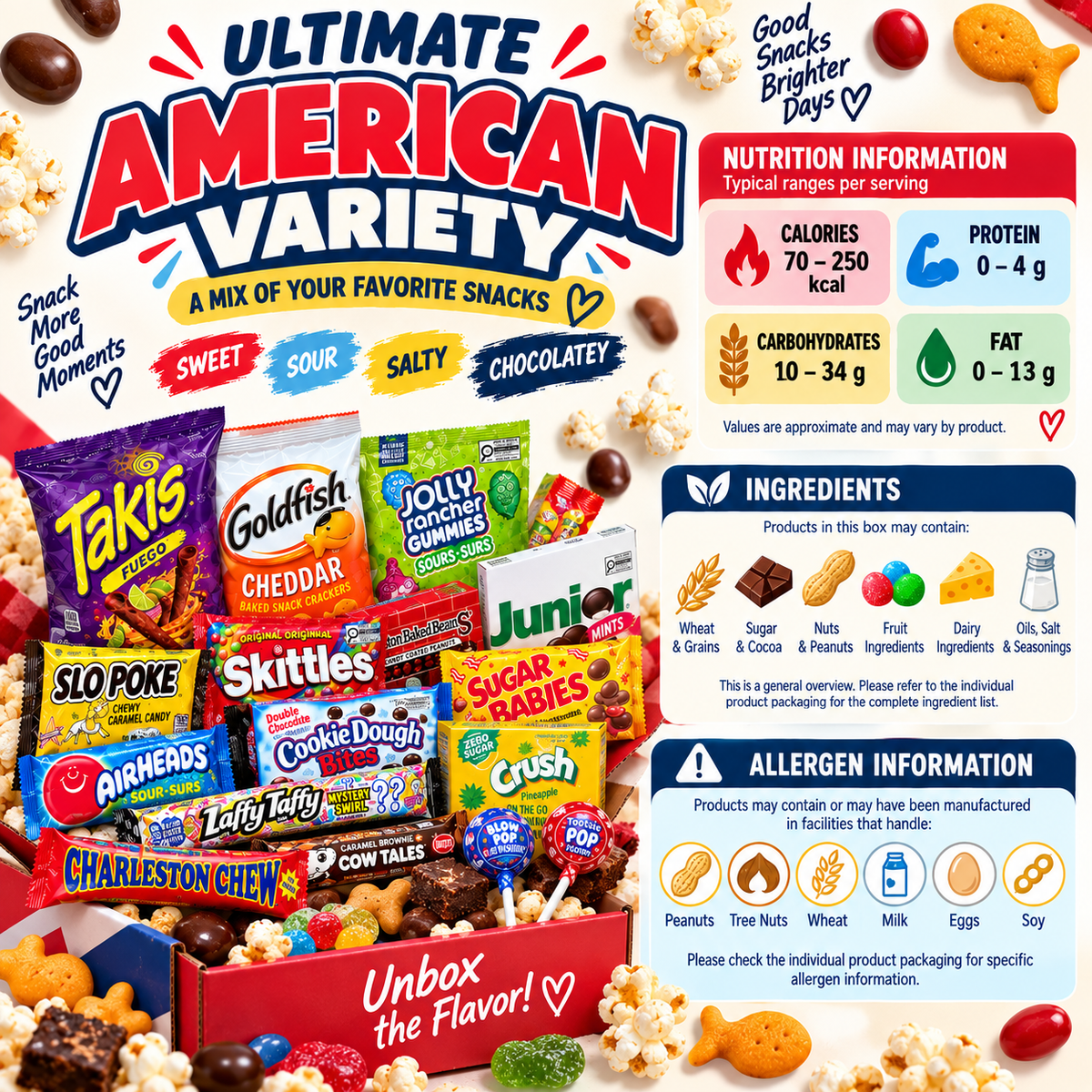 Ultimate American Variety Snack Box – Assorted Sweet, Sour, Salty & Chocolate Treats