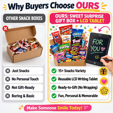 Sweet Surprise Gift Basket Box – 15+ Snacks Variety Pack + LCD Writing Tablet