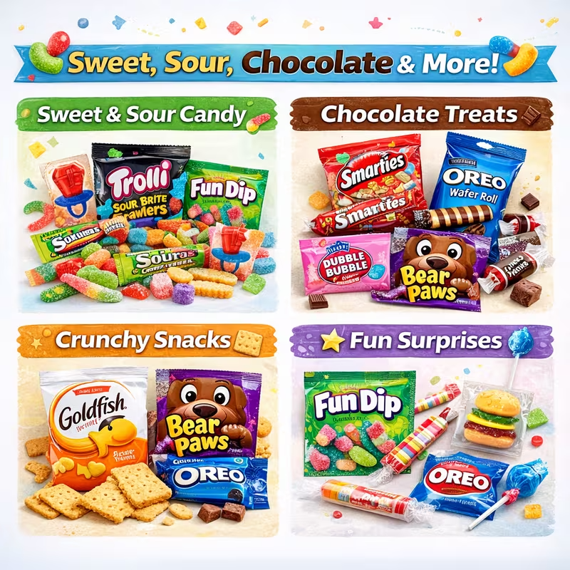 Sweet Surprise Gift Basket Box – 15+ Snacks Variety Pack + LCD Writing Tablet