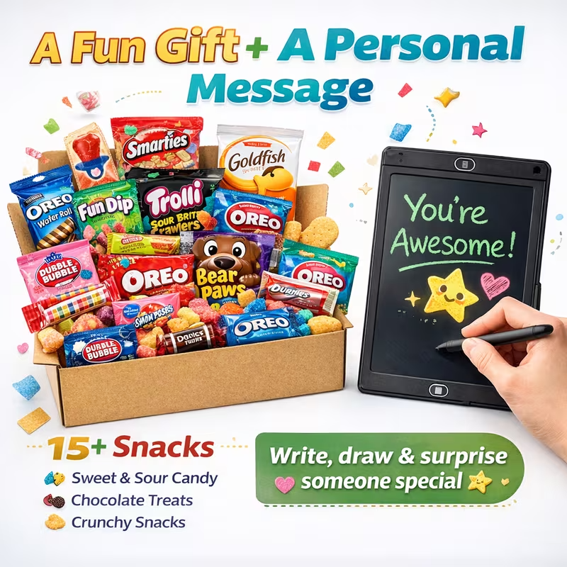 Sweet Surprise Gift Basket Box – 15+ Snacks Variety Pack + LCD Writing Tablet