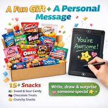 Sweet Surprise Gift Basket Box – 15+ Snacks Variety Pack + LCD Writing Tablet