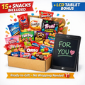 Sweet Surprise Gift Basket Box – 15+ Snacks Variety Pack + LCD Writing Tablet