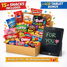 Sweet Surprise Gift Basket Box – 15+ Snacks Variety Pack + LCD Writing Tablet