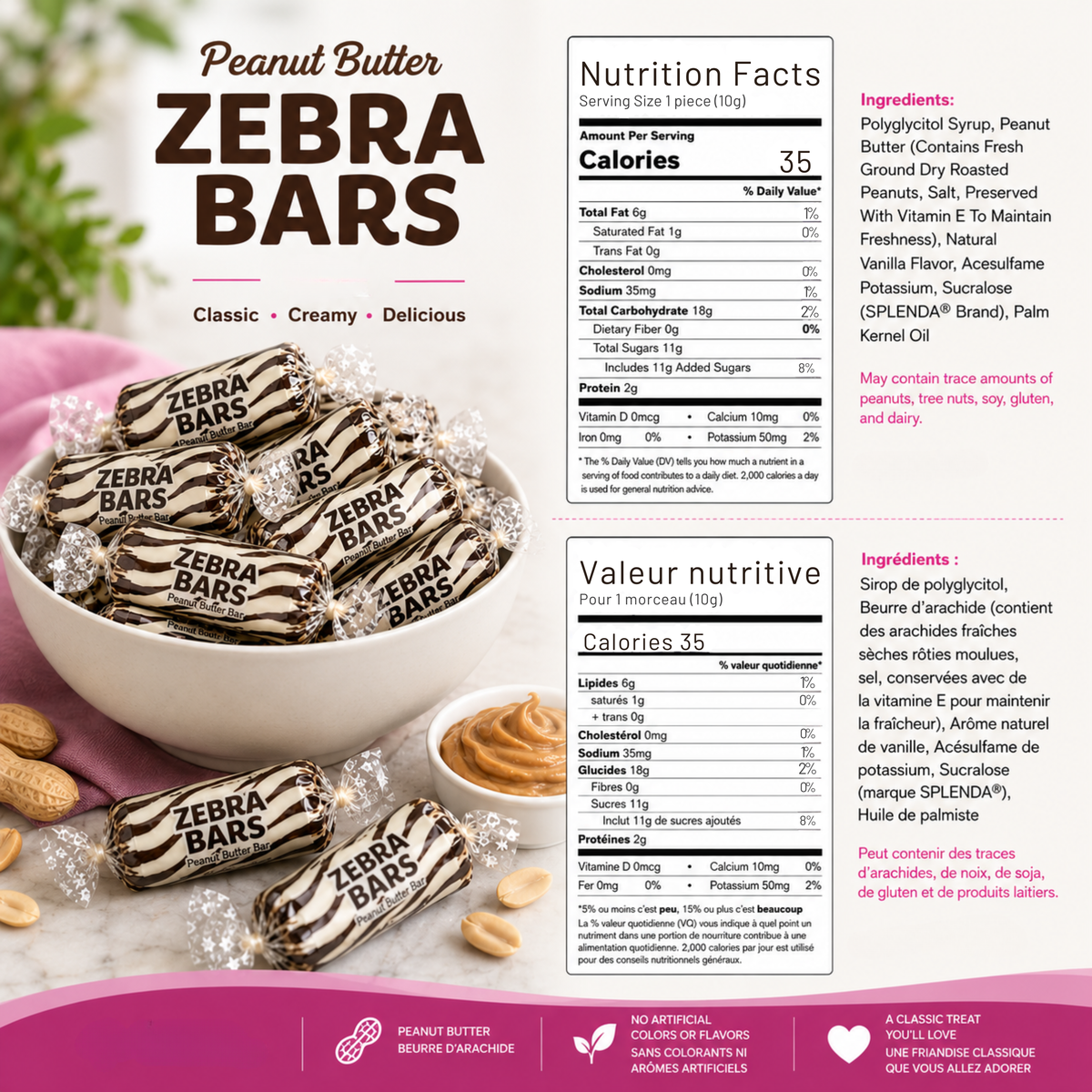Zebra Peanut Butter Candy Bars 454g (1lb) - Individually Wrapped, Crunchy Retro Candy,